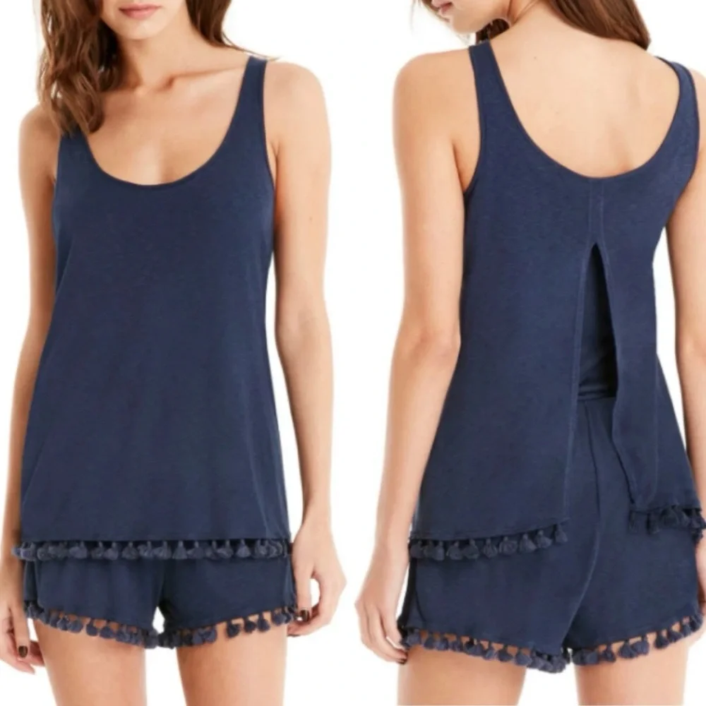 MICHAEL STARS | S / M | Pom Pom Fringe Navy Tank Top Rayon Beach Shorts Romper_5